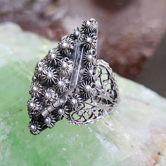 Antique Jewelry - Vintage Etruscan Poison Ring filigree sz 8 800 Silver Gothic whimsigoth Fairy